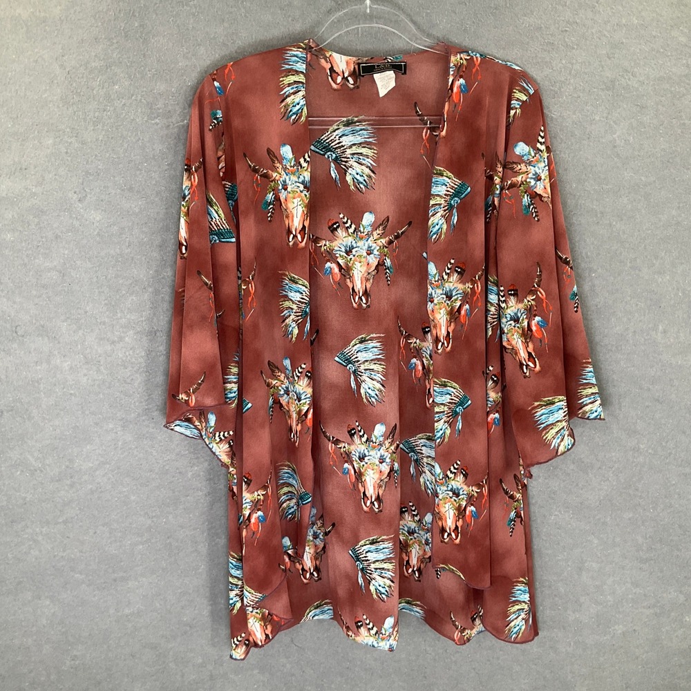 L&B Lucky &‎ Blessed Kimono Duster Sz S Brown Bull Skull Headdress Boho Festival